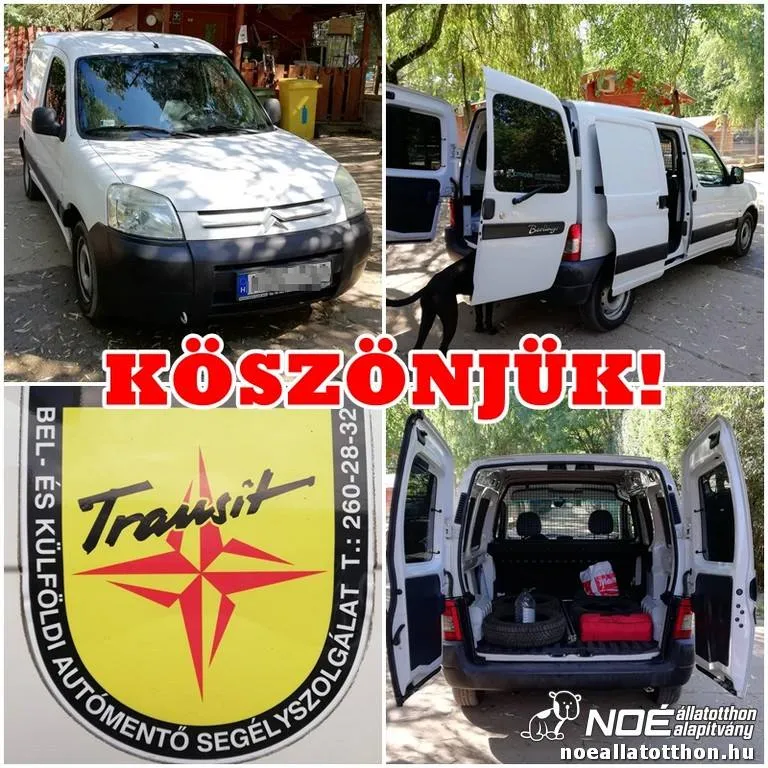 Négy képes montázs a Noé új állatszállító autójáról, Köszönjük! felirattal